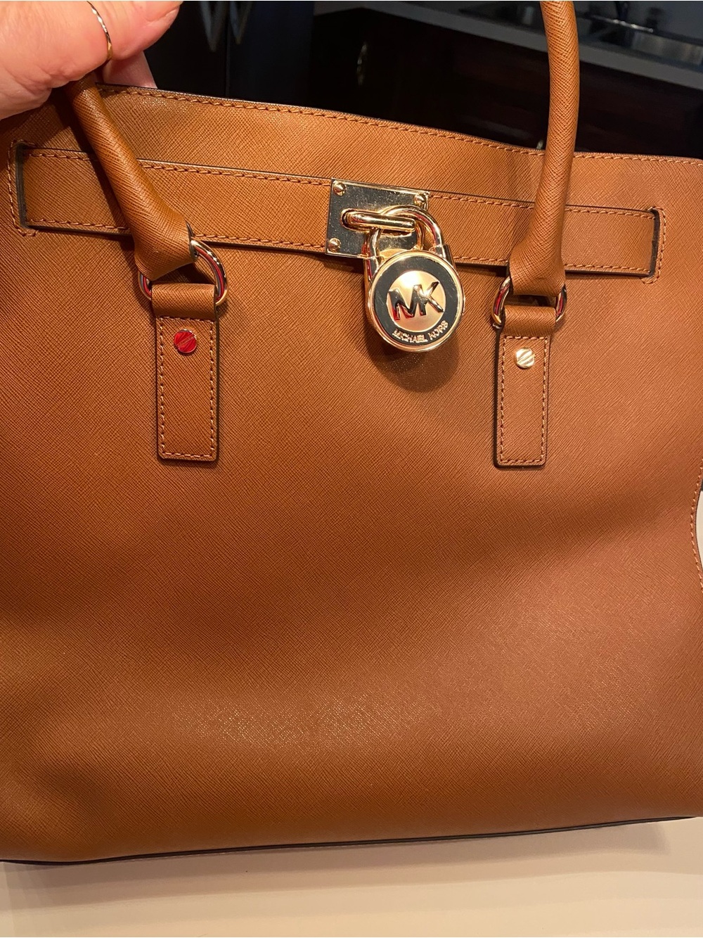 Michael Kors Camel Saffiano Leather Tote with Gold MK Padlock